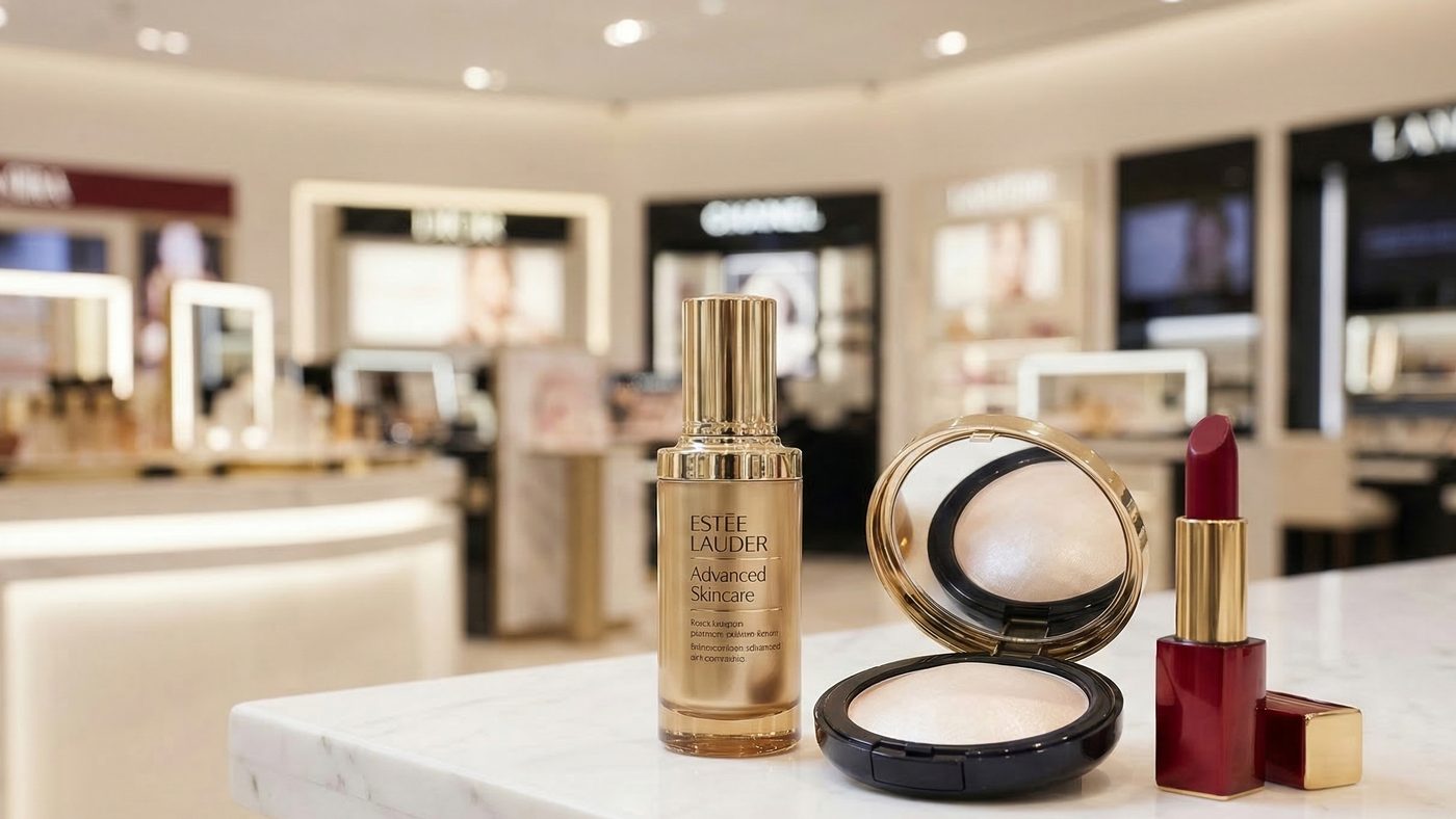 AI Generated Picture of premium cosmetics including serum and lipstick on a marble counter, reflecting the significant investment in beauty and skincare by women in the UAE.