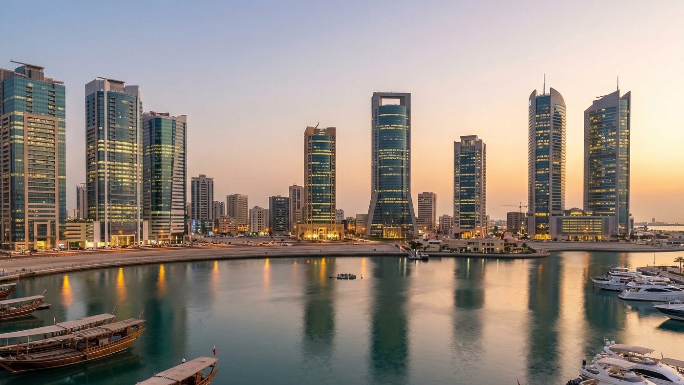 AI Generated Picture of the Manama Bay financial district in Bahrain at sunset, highlighting modern skyscrapers hosting family offices and investment institutions, reflecting its specialized residency approach.