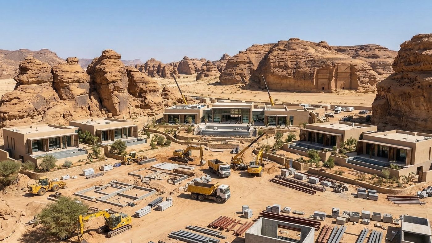 AI Generated Picture of the active construction zone for a luxury desert resort in Al-Ula, Saudi Arabia, featuring sandstone rock formations.