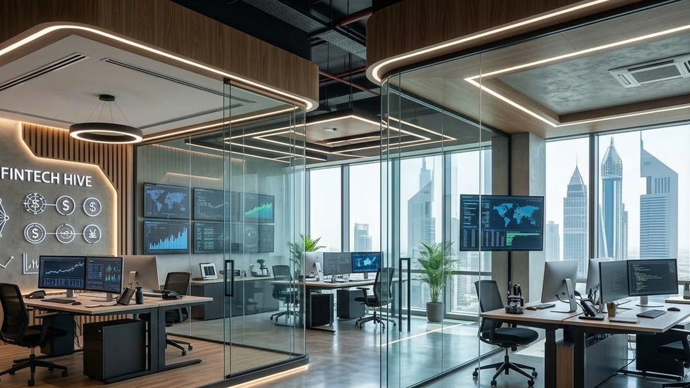 AI Generated Picture of the dynamic "DIFC Hive" shared co-working and lab space in the Dubai International Financial Centre, UAE, dedicated to fintech innovation.