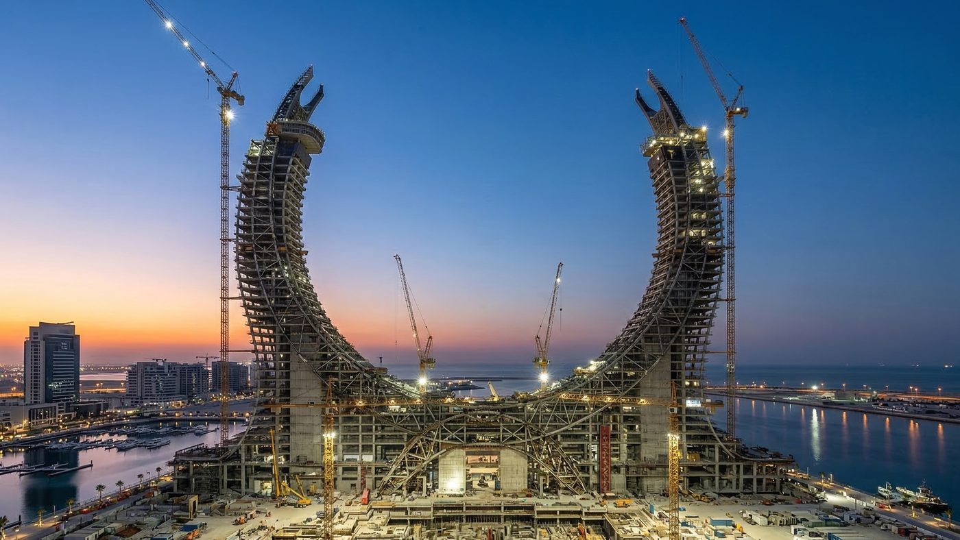 AI Generated Picture of the iconic crescent-shaped Katara Towers under construction in Lusail City, Qatar, at sunset.