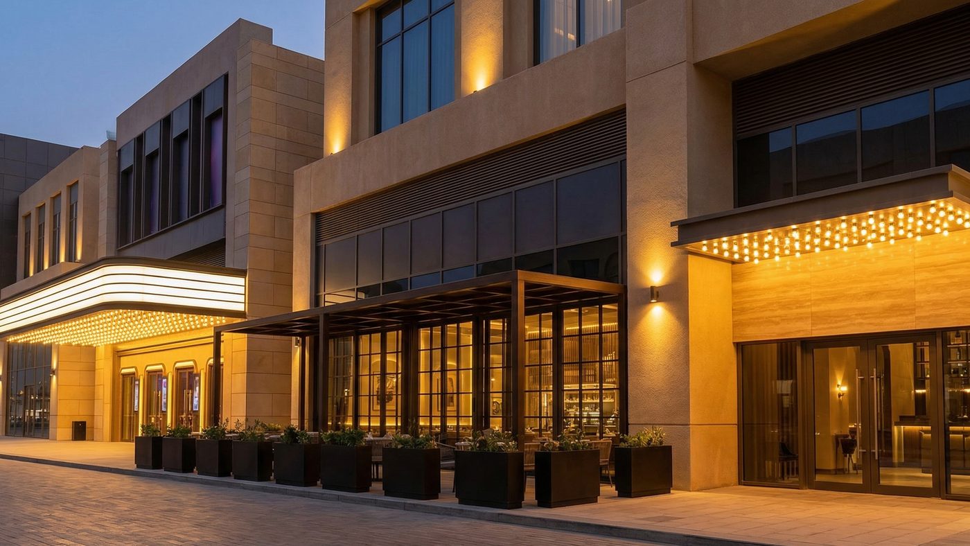 AI Generated Picture of the illuminated exterior of a high-end luxury residential building within the KAFD in Riyadh, Saudi Arabia, featuring expansive glass balconies and manicured gardens.