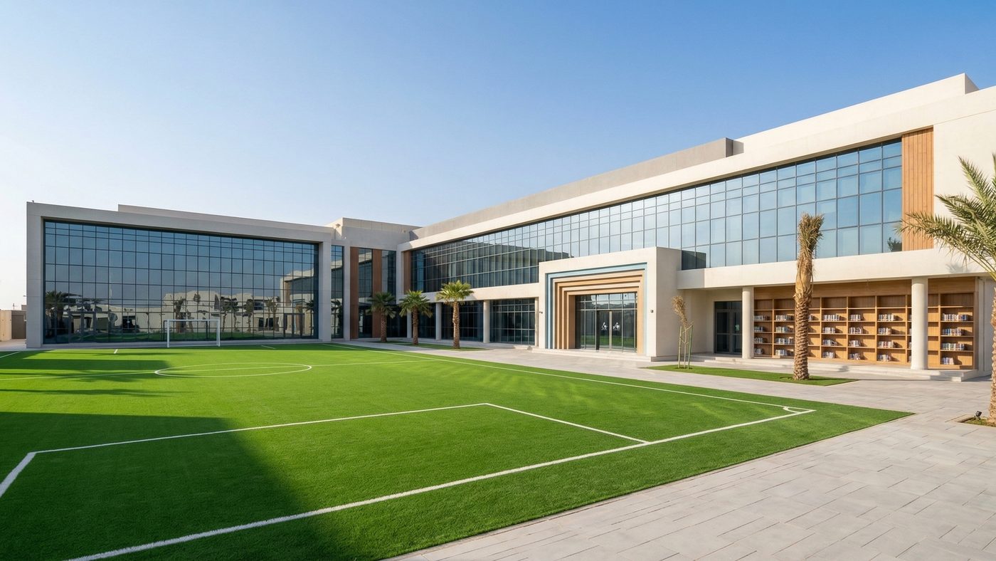 AI Generated Picture of the vibrant and modern exterior of a prestigious international school in Riyadh, Saudi Arabia, designed with contemporary architecture and extensive glass windows.