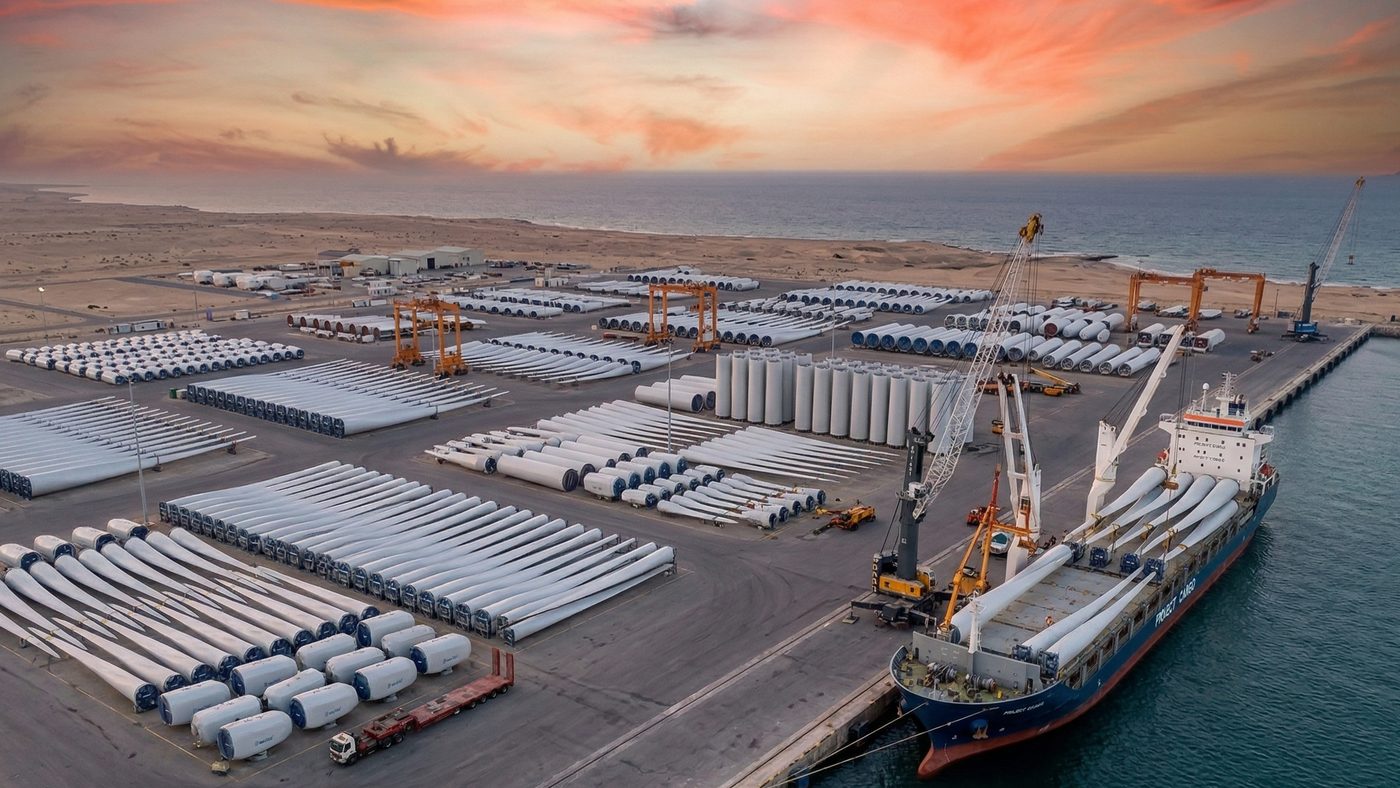 AI Generated Picture of thousands of wind turbine components lined up for export at the Port of Duqm in Oman, demonstrating the country's emergence as a regional hub.