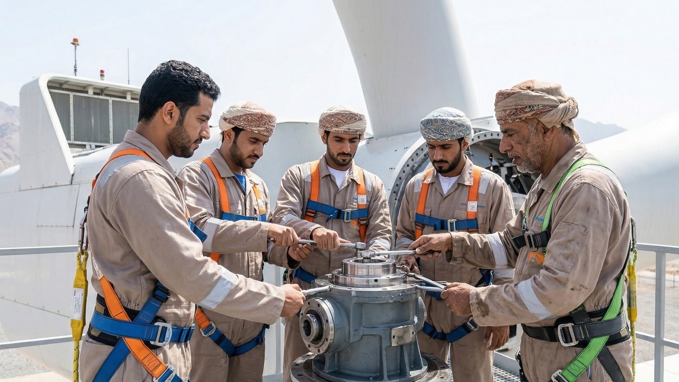 AI Generated Picture of trainees learning wind turbine maintenance on a real turbine structure at the National Wind Energy Training Institute in Muscat, Oman.