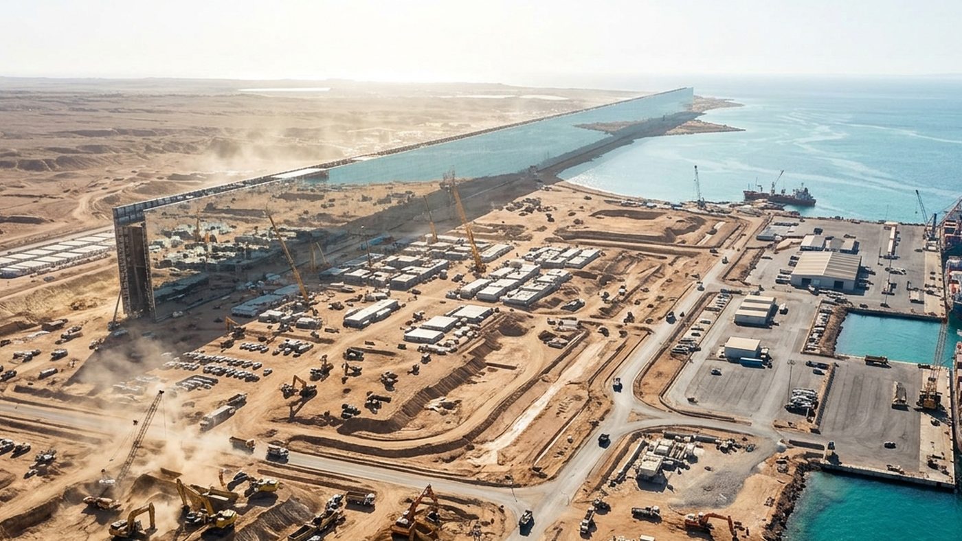 AI Generated Picture of the sweeping NEOM construction site during daylight, highlighting the scale of infrastructure development for smart city projects near the coast.