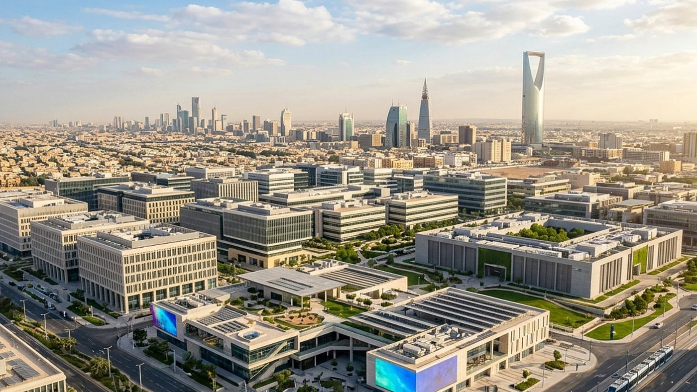 AI Generated Picture of the sweeping Riyadh innovation hub, showcasing advanced infrastructure and research centers for technology and future growth under bright daylight.