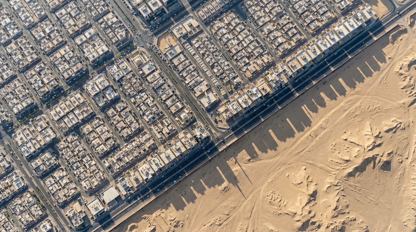 AI Generated Image of a high-altitude aerial view over Riyadh at morning, showing the sharp boundary between the city's dense urban grid and the surrounding open desert, with long shadows across the sand
