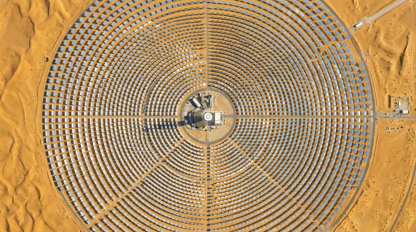 AI Generated Image of an aerial view of a massive concentrated solar power plant in the Arabian Desert, with mirrored heliostats arranged in concentric rings around a central solar tower under crisp morning light, symbolizing the scale of renewable energy expansion reshaping Gulf power grids