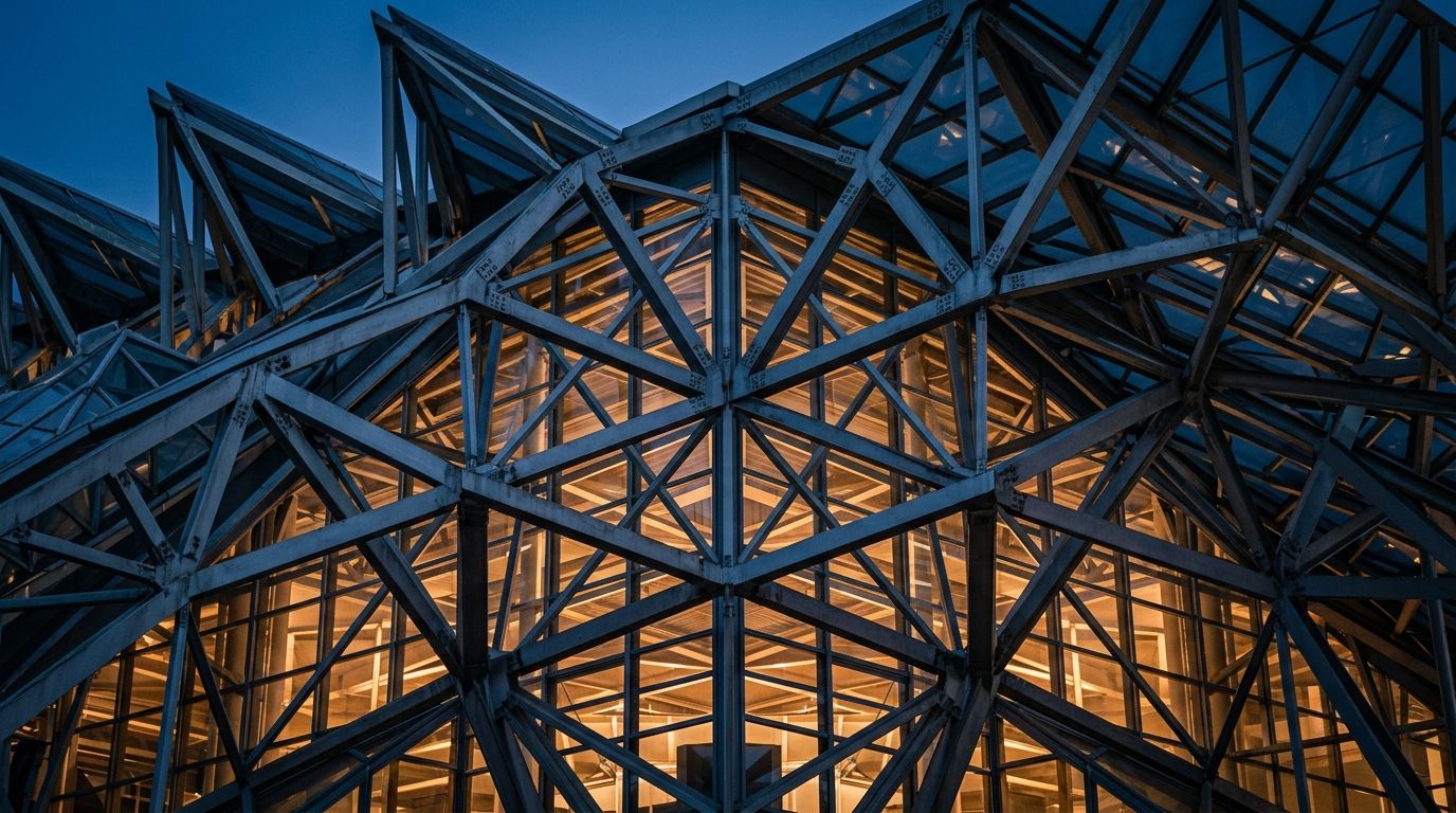 AI Generated Image of an extreme close-up of a modern airport terminal's geometric steel and glass roof trusses, glowing amber under a deep blue dusk sky