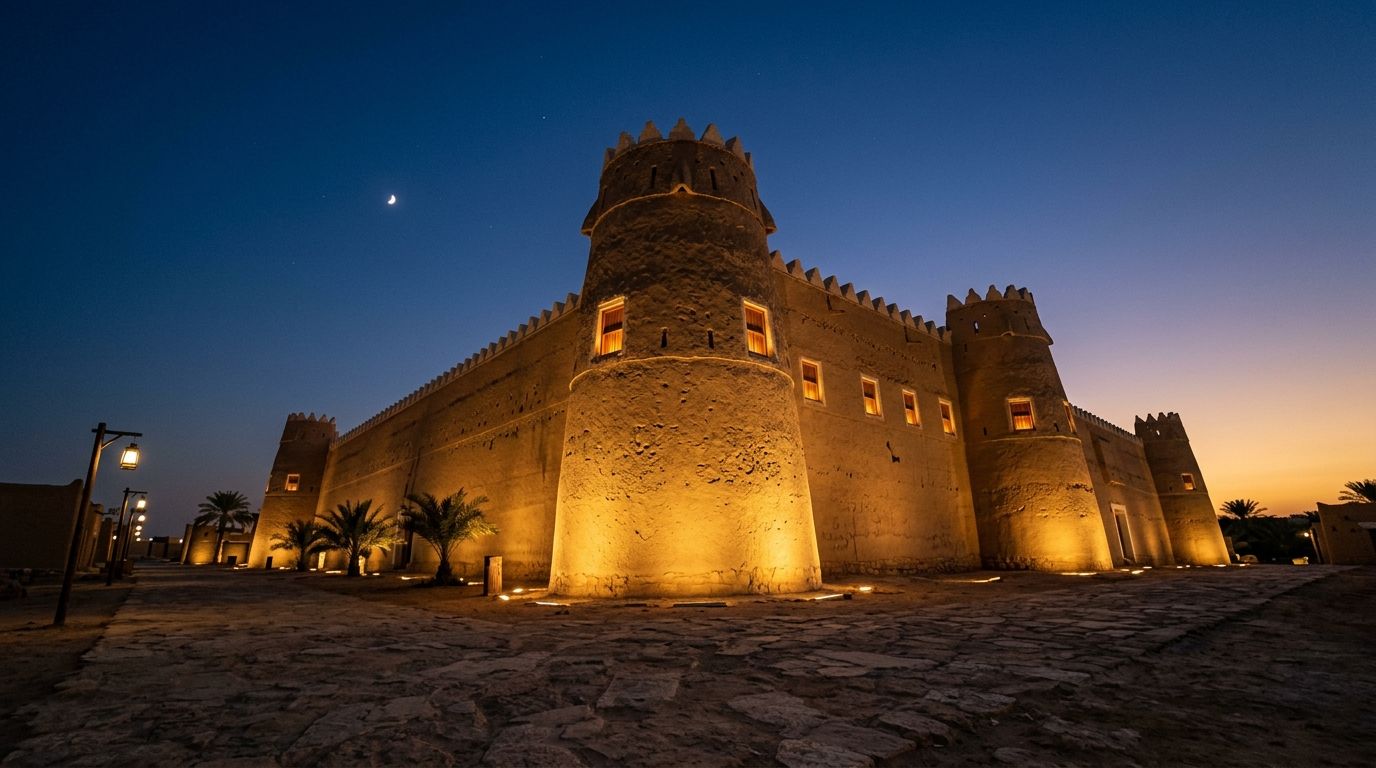 AI Generated Image of a historic Najdi mud-brick citadel wall in Diriyah illuminated by warm amber floodlights against a deep indigo blue-hour sky