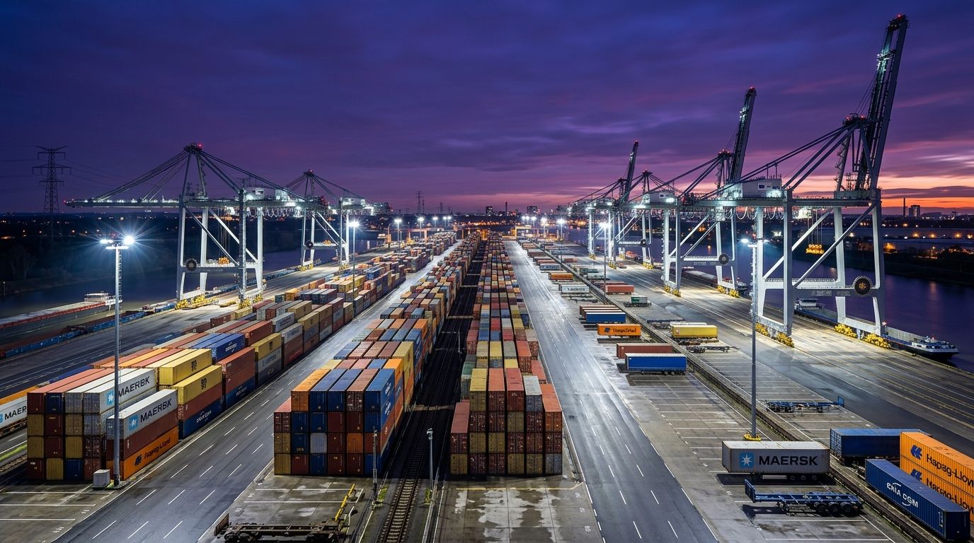 AI Generated Image of a vast inland container terminal at blue hour, illuminated gantry cranes and stacked shipping containers glowing under cool white floodlights against a deep violet-magenta twilight sky