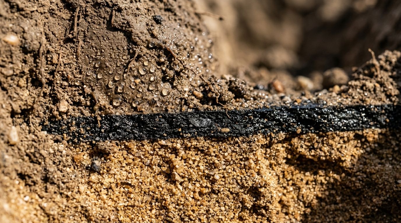 AI Generated Image of an extreme macro cross-section of excavated desert soil showing a dark asphalt membrane barrier layer with beads of irrigation water above and dry amber sand below, symbolizing the Japan-assisted soil science research that helped transform UAE's oasis farming into modern agriculture.