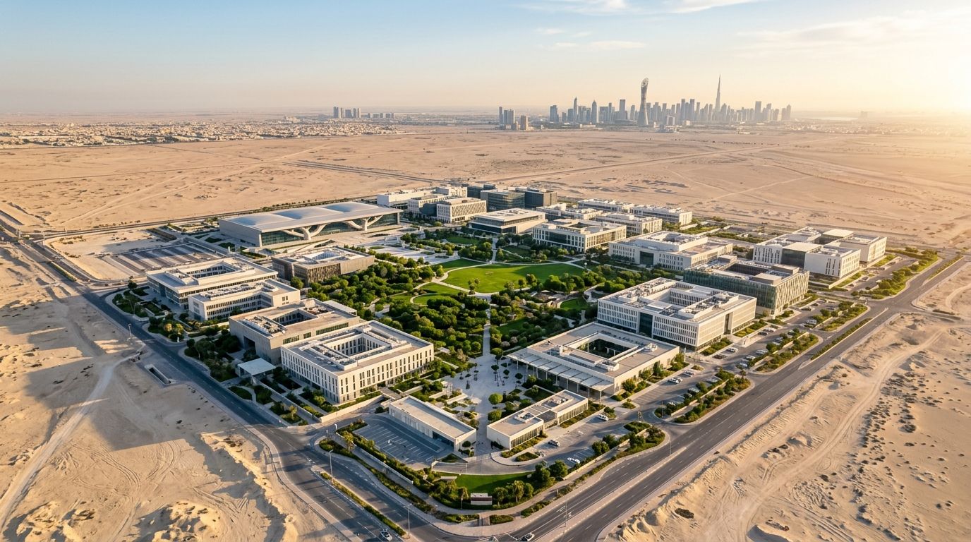 AI Generated Image of an aerial view of Qatar's Education City campus district near Doha, with modern university buildings and green quadrangles rising from the desert under early morning light