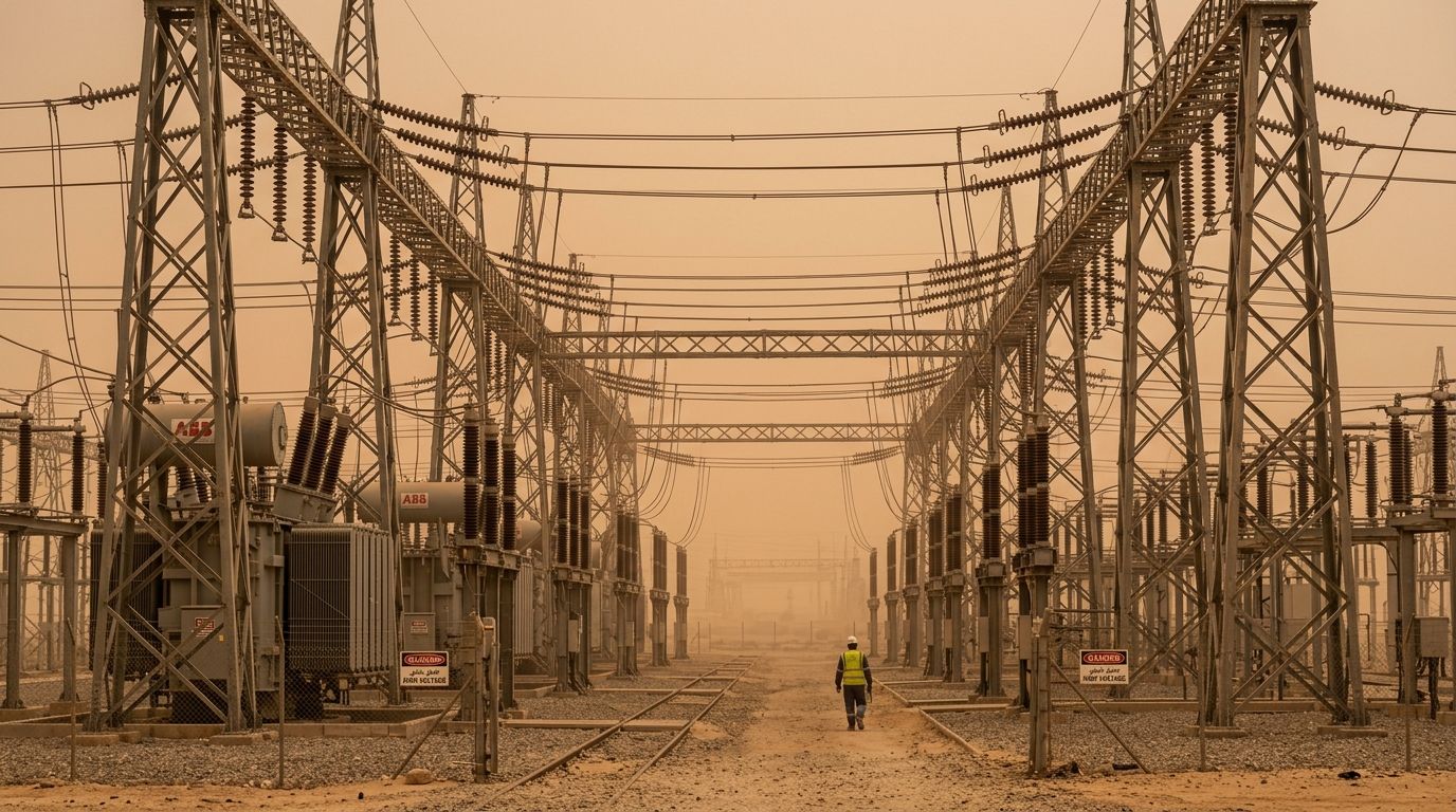 AI Generated Image of a ground-level view through a high-voltage electrical substation switchyard in the Gulf desert, rows of transformers and insulator strings receding into an amber dust-storm haze, symbolizing the unresolved challenge of integrating Gulf power grids amid renewable energy expansion