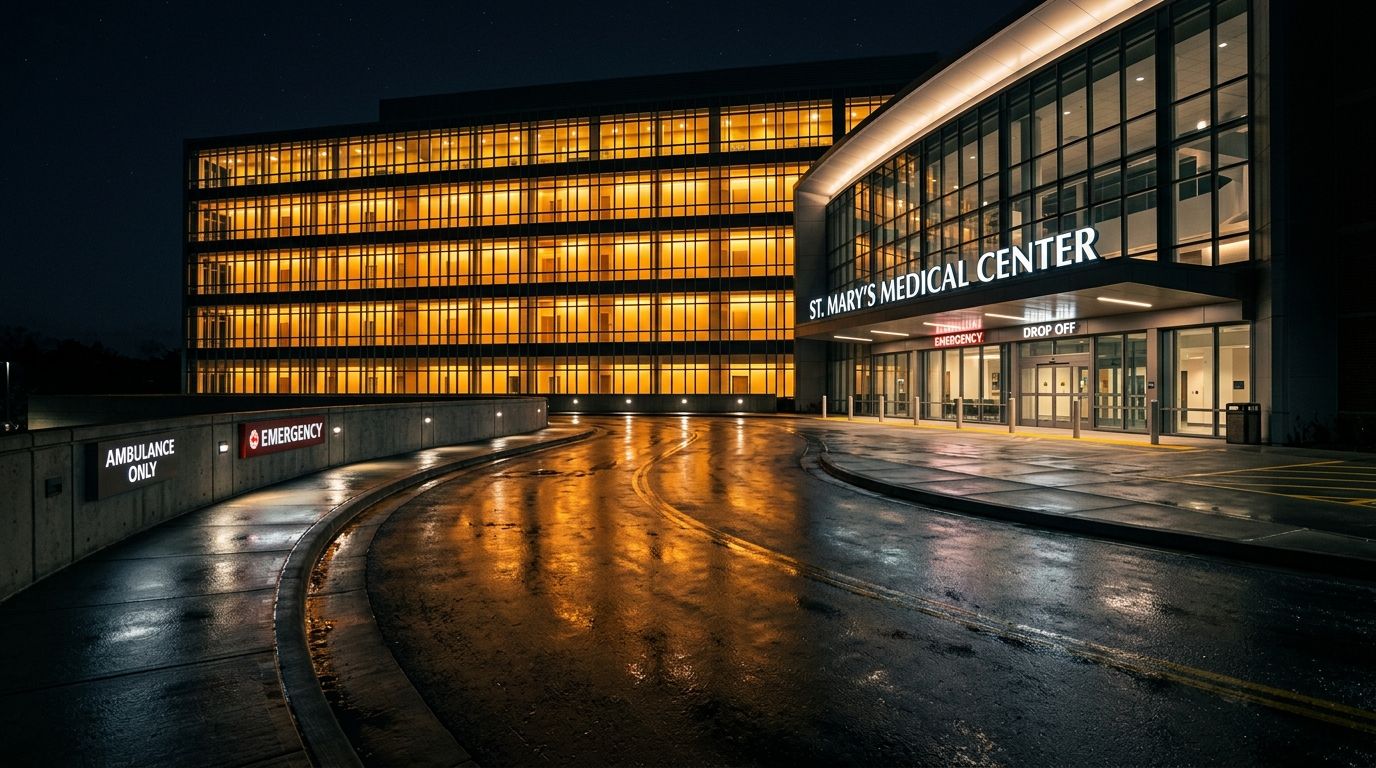 AI Generated Image of an empty curved hospital ambulance driveway at night, viewed from eye-level street perspective, the modern glass facade glowing with a precise grid of amber-lit windows against a deep black sky, symbolizing the round-the-clock operational intelligence quietly powering Saudi Arabia's AI-driven hospital care