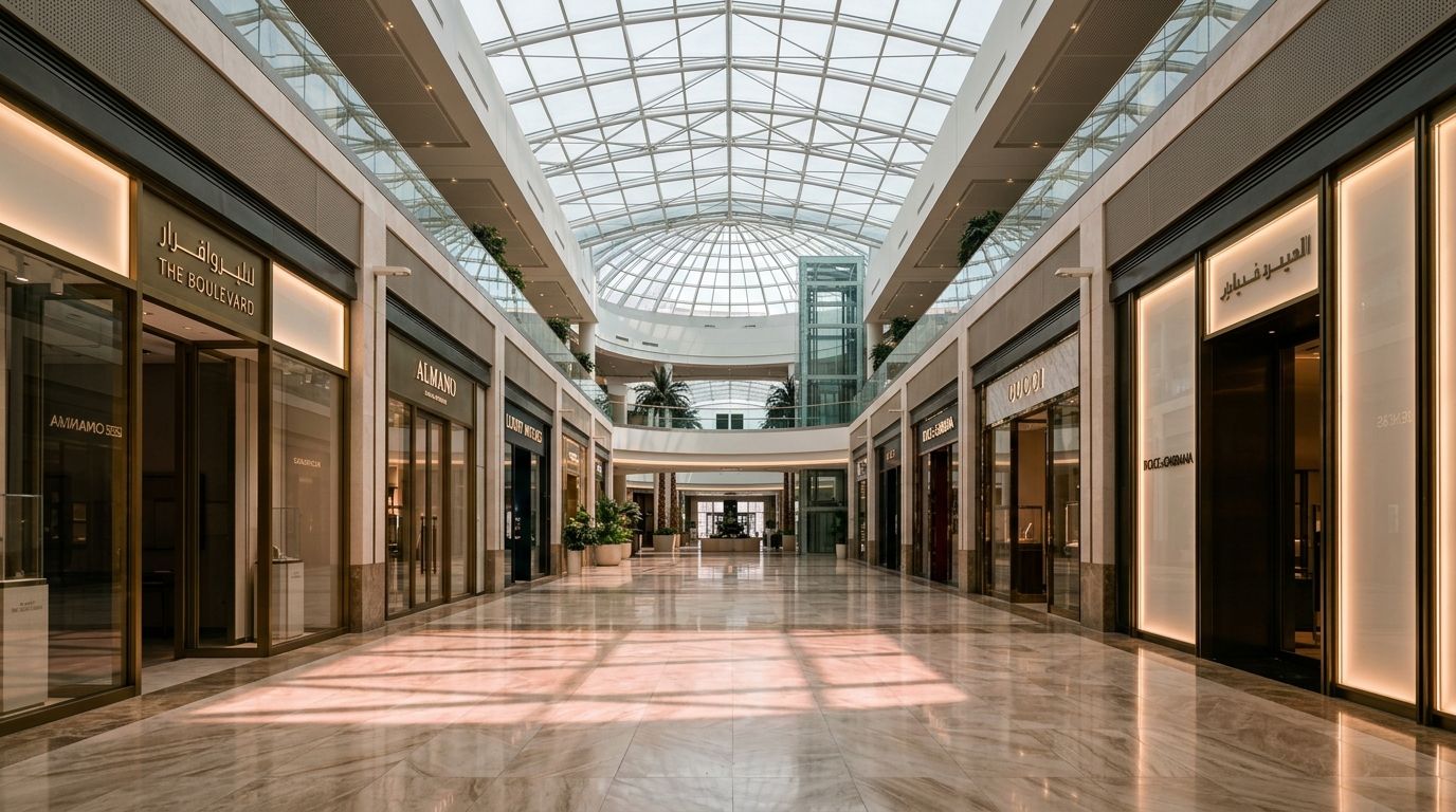 AI Generated Image of an empty modern shopping mall arcade corridor in Saudi Arabia viewed at ground level, soft diffused daylight casting warm rose-gold light across polished marble floors and glowing shop-window glass