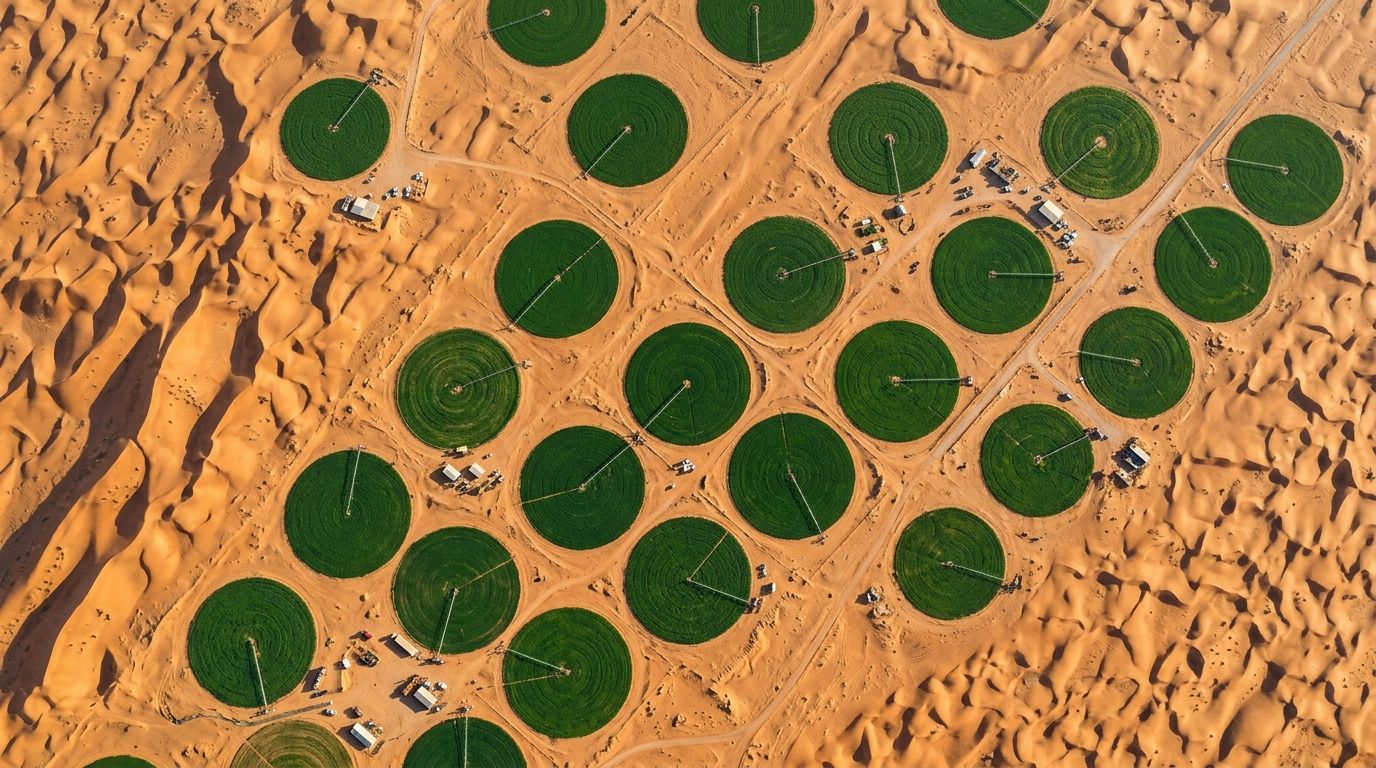 AI Generated Image of an extreme top-down aerial view of small emerald-green circular irrigation farms scattered across a vast amber desert near Al Ain, UAE, symbolizing how little arable land sustains the nation's food supply.