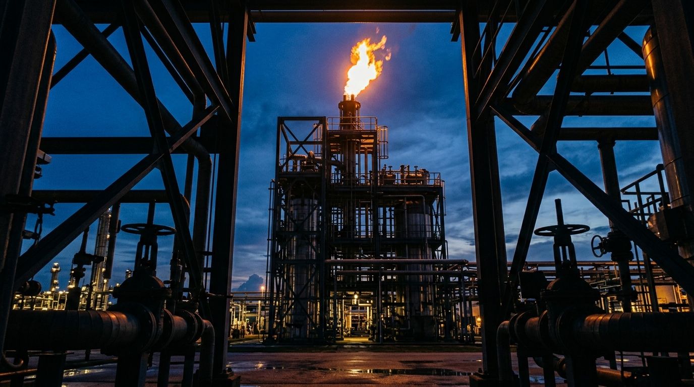 AI Generated Image of an industrial gas flare stack burning with a tall amber flame against a deep indigo blue-hour sky at a Gulf oil refinery, symbolizing the region's tug-of-war between short-term fossil fuel dependence and long-term decarbonization commitments