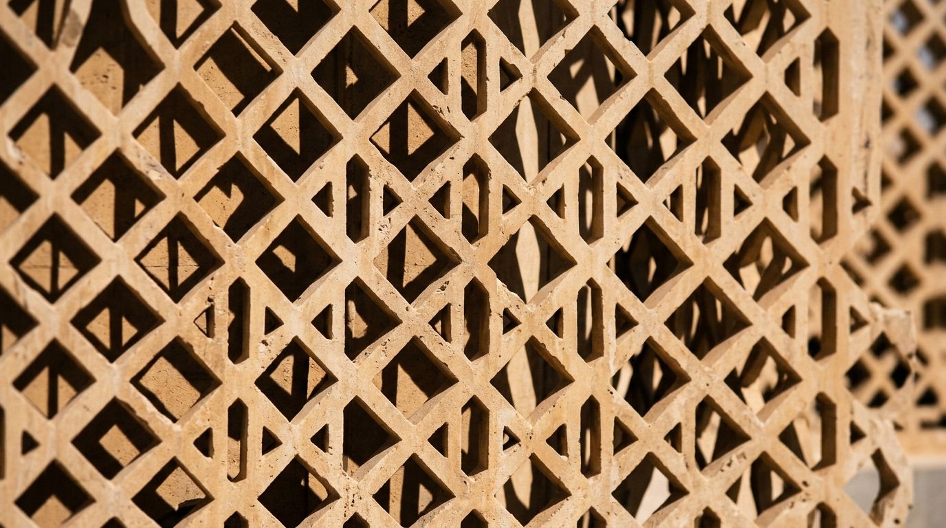 AI Generated Image of an extreme close-up of a geometric mashrabiya-style perforated stone screen on a modern Saudi residential facade, its diamond lattice pattern casting deep angular shadows in harsh midday sunlight