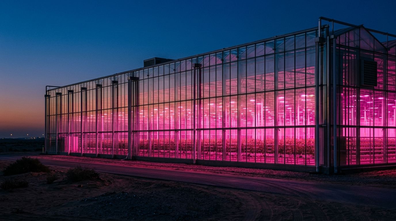 AI Generated Image of a close telephoto view of a glass-paneled greenhouse facade in the UAE at blue hour, magenta-pink LED grow-lights glowing through the panels against the reflected deep indigo dusk sky, symbolizing the advanced hybrid growing technology behind companies like Pure Harvest Smart Farms.