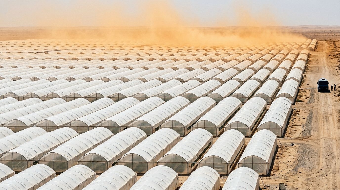 AI Generated Image of an extreme telephoto view compressing endless rows of white plastic poly-tunnel greenhouses into a dense pattern across a heat-hazed UAE desert horizon, with a lone silhouetted truck for scale, symbolizing UAE's decades-long technological journey from 1970s greenhouse experiments toward near self-sufficiency in produce such as cucumbers.