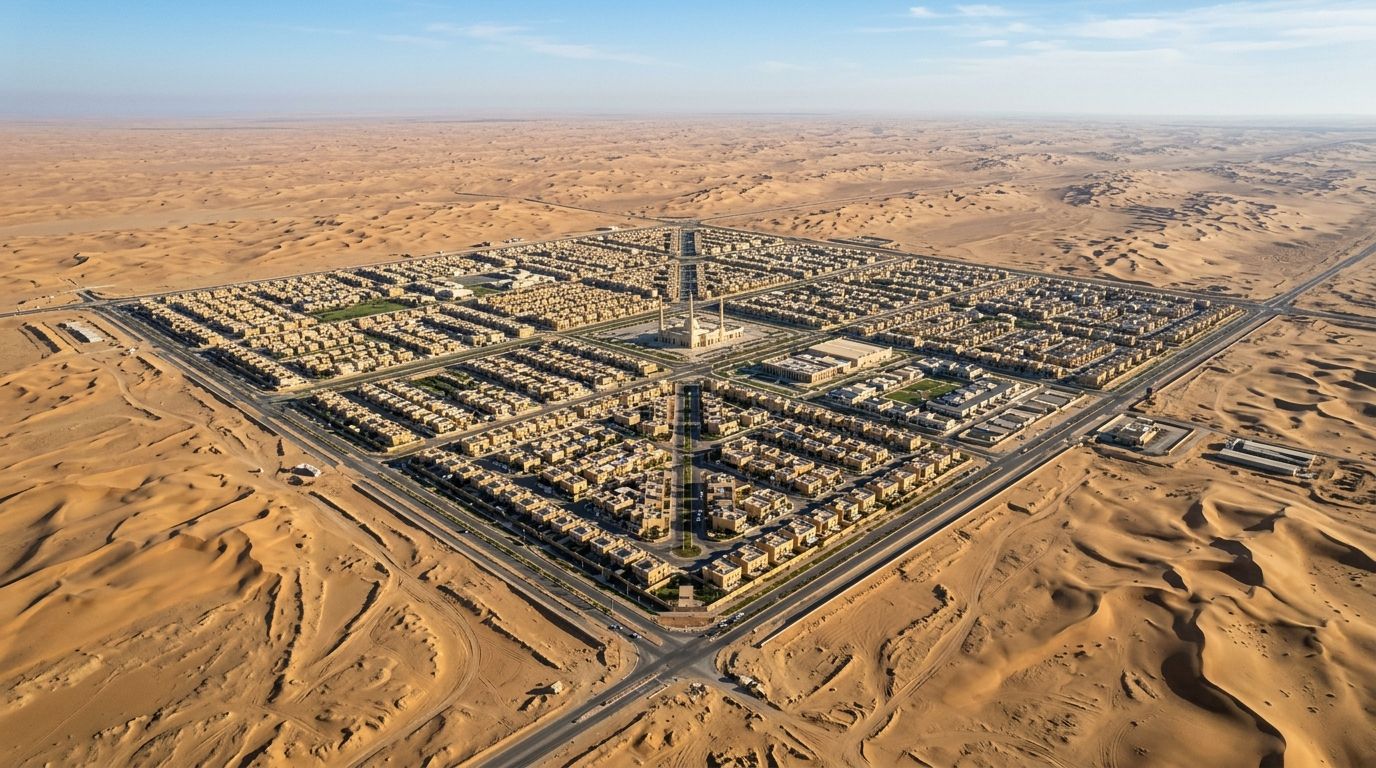 AI Generated Image of an extreme high-altitude aerial view of a new housing development in the Saudi Arabian desert, its geometric grid pattern forming a small ordered patch amid vast empty sand under clear morning light
