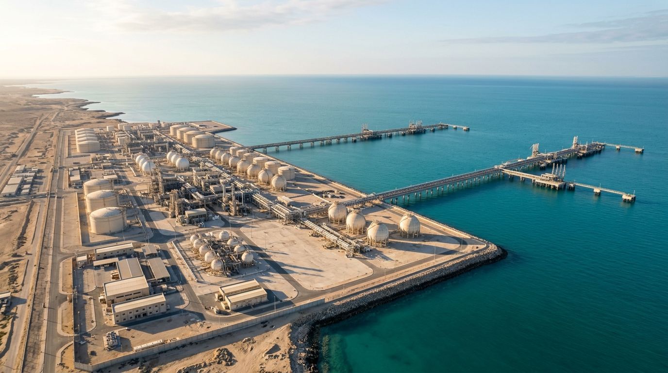 AI Generated Image of a vast hydrogen export terminal on a Gulf coastline seen from high above, empty loading berths and pipelines reaching into turquoise water with no ships docked, under crisp morning light