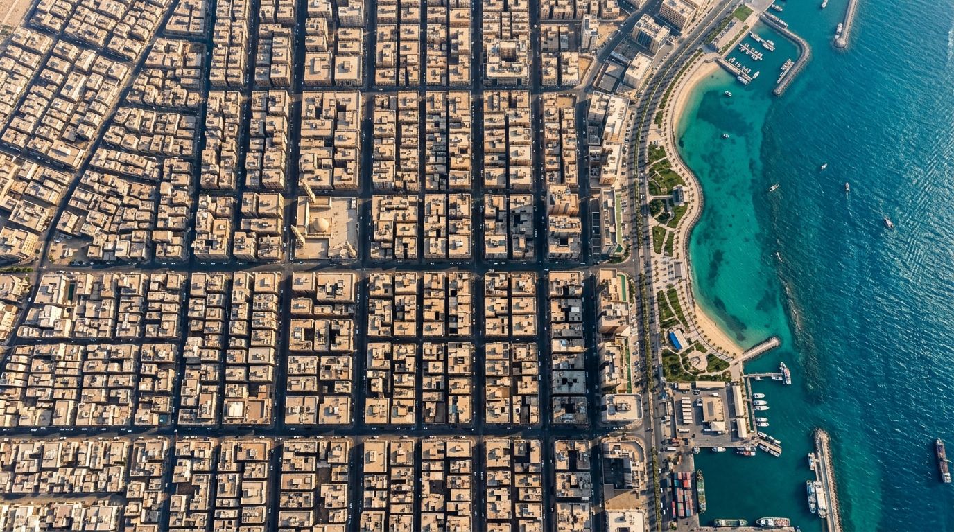 AI Generated Image of an aerial top-down view of Jeddah's dense sand-colored cityscape meeting the turquoise Red Sea coastline in crisp morning light