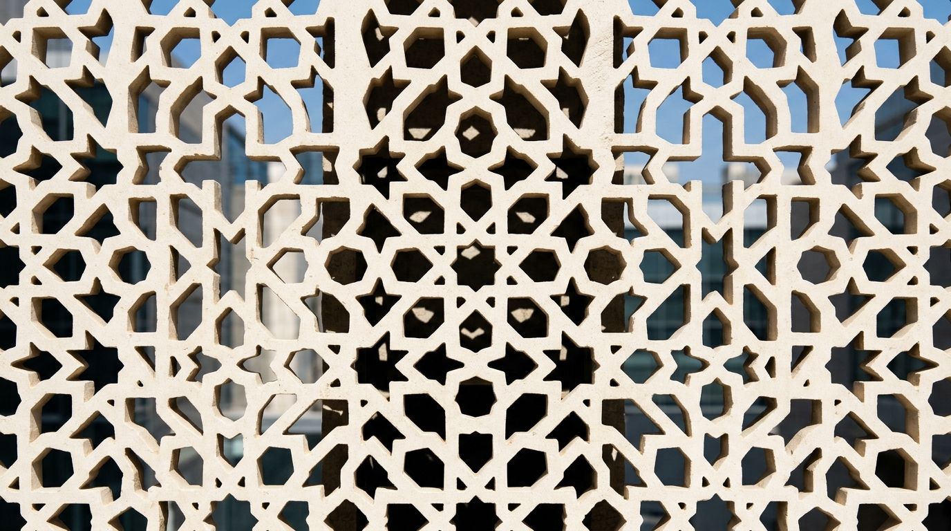 AI Generated Image of an extreme macro close-up of a geometric perforated limestone mashrabiya screen on a modern Riyadh shopping mall facade, hard midday sun casting deep black graphic shadows across the pale stone surface