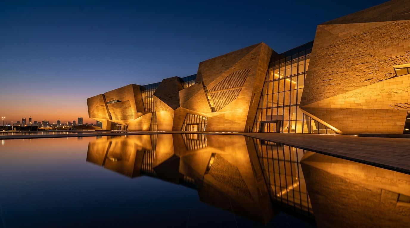 AI Generated Image of a monumental contemporary art museum facade in Riyadh glowing with warm amber floodlights at blue hour, its reflection doubled in a still pool as the indigo sky fades to a faint amber horizon glow