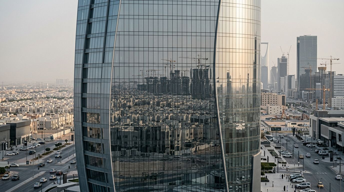 AI Generated Image of a telephoto view of a mirrored glass office tower in Riyadh's financial district, its curved facade reflecting a distant residential development with construction cranes compressed into layered silhouettes under a dust-hazed afternoon sky