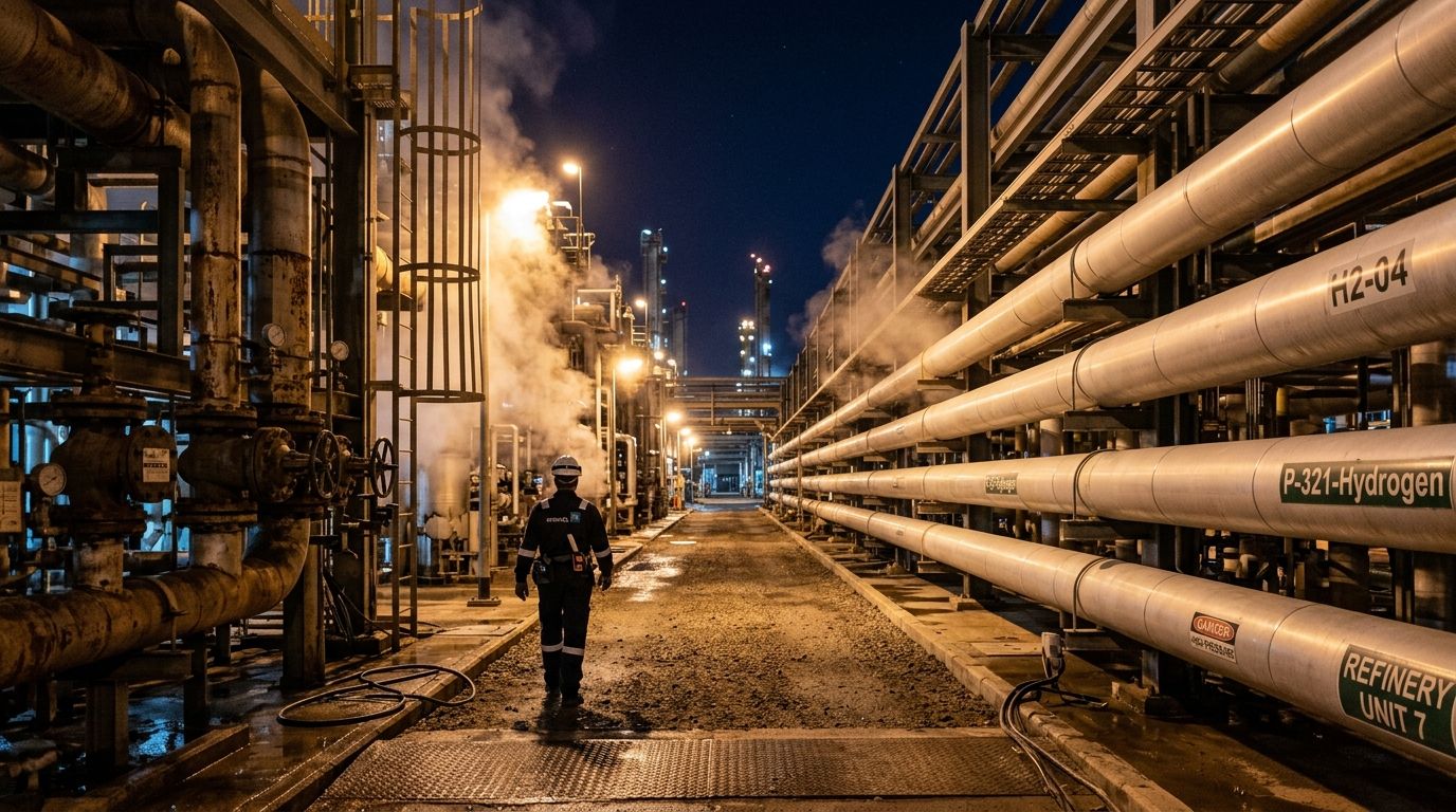 AI Generated Image of a ground-level view down a retrofitted oil refinery pipe-rack corridor at night, new hydrogen pipelines running beside old weathered steel pipes, lit by amber floodlights with drifting steam against a deep indigo sky