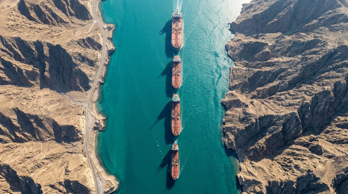 AI Generated Image of a strategic sea strait seen from directly above, a line of massive oil tankers transiting single file between rocky coastlines across turquoise water, under clear bright morning light