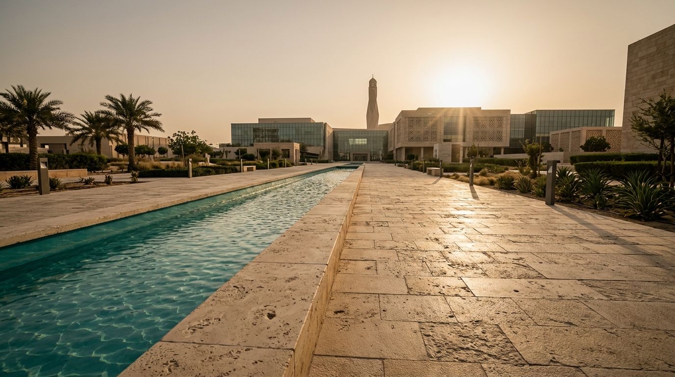 AI Generated Image of a ground-level view along a sandstone-paved plaza walkway with a turquoise water channel leading toward a university building in Qatar's Education City, backlit by hazy golden afternoon light