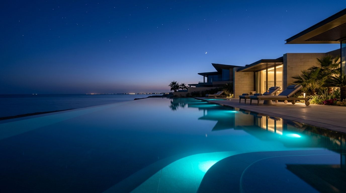 AI Generated Image of an infinity-edge pool terrace at a modern Red Sea coastal residential villa during blue hour, its turquoise underwater lights glowing against the deep indigo twilight sky as still water mirrors the darkening horizon