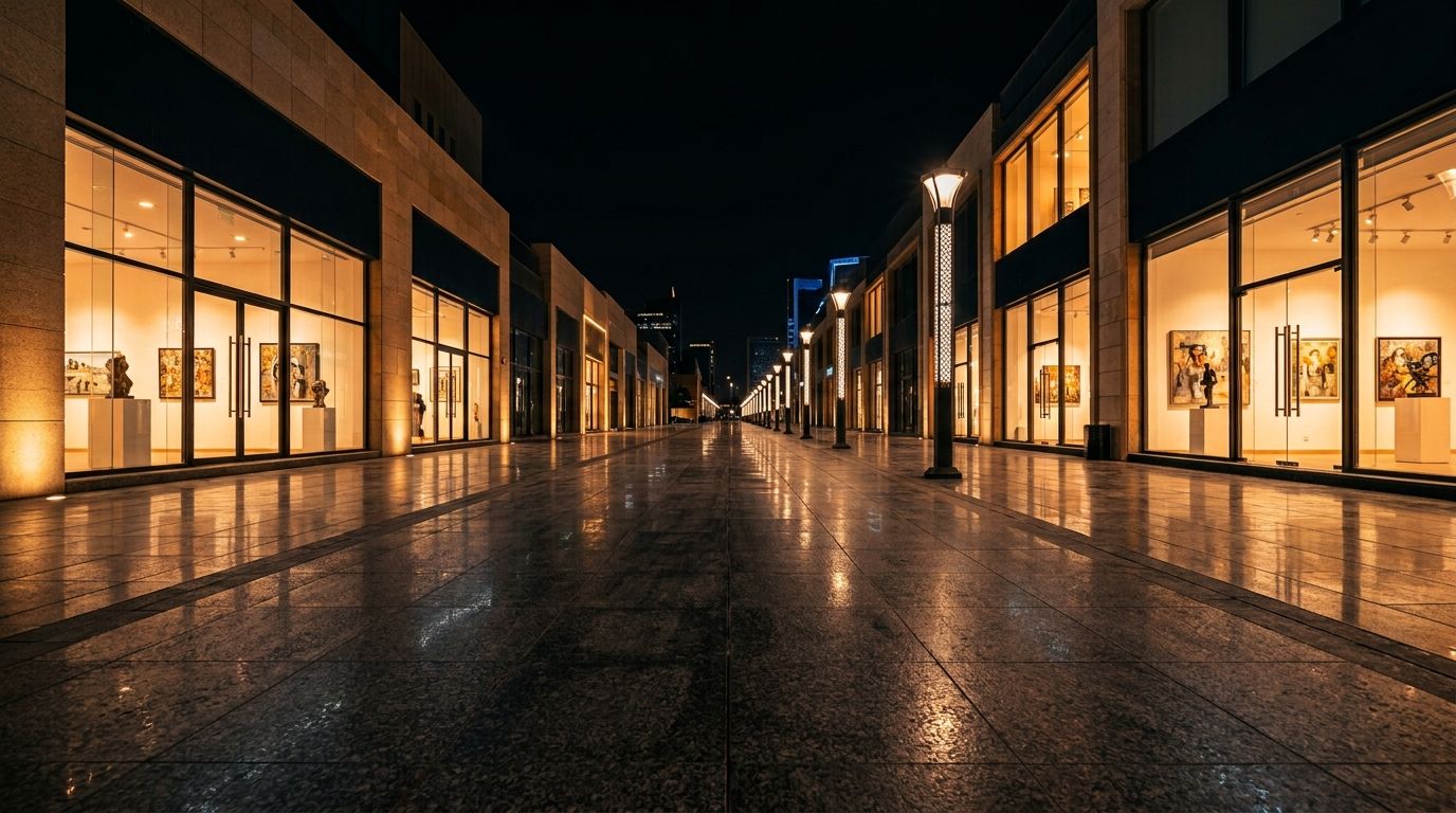 AI Generated Image of a quiet Riyadh boulevard at night lined with illuminated art gallery storefronts glowing amber against a deep black sky