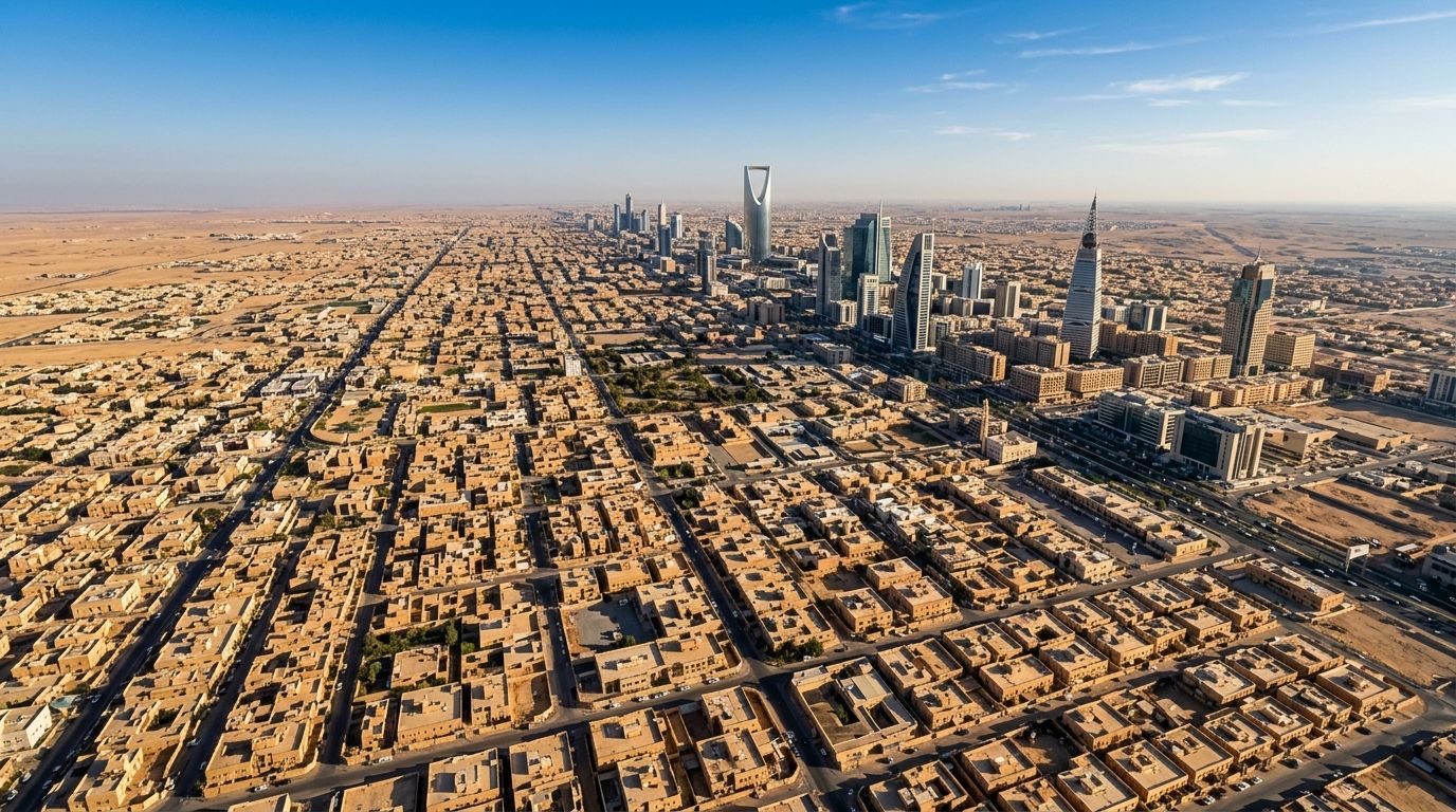 AI Generated Image of a steep aerial view of Riyadh's skyline at dawn, dense sandstone rooftops giving way to modern towers against the open desert horizon
