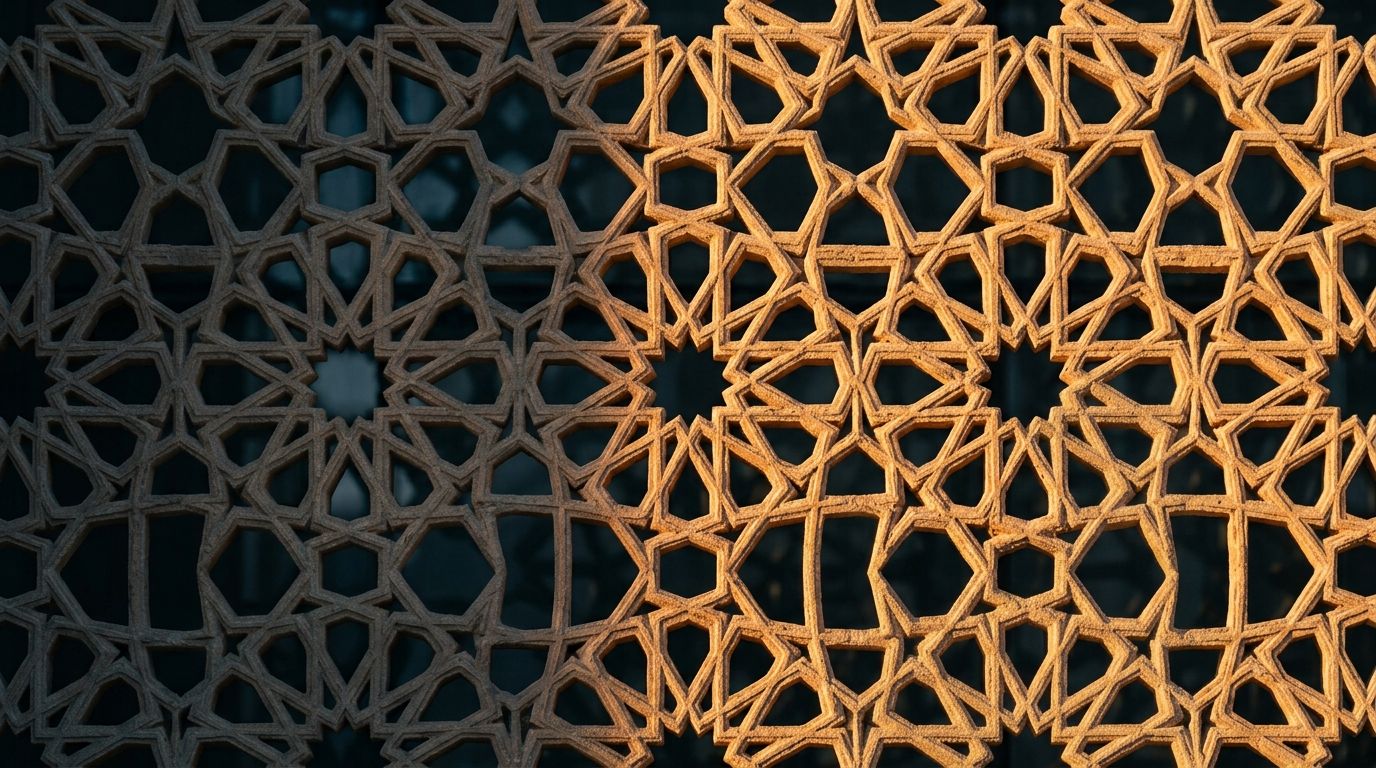 AI Generated Image of an extreme macro close-up on a carved sandstone mashrabiya lattice screen on a modern Saudi building facade, with warm amber sunlight striking one half of the geometric pattern while the other half fades into deep blue-grey shadow
