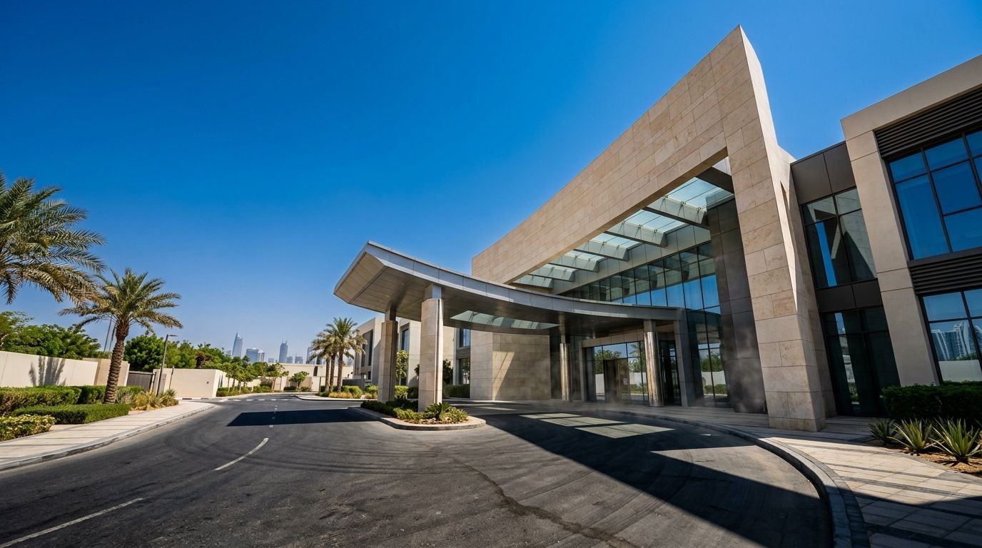 AI Generated Image of a street-level view looking up at the glass and limestone entrance canopy and curved driveway of a private school campus in Dubai under harsh midday sun and a deep saturated blue sky