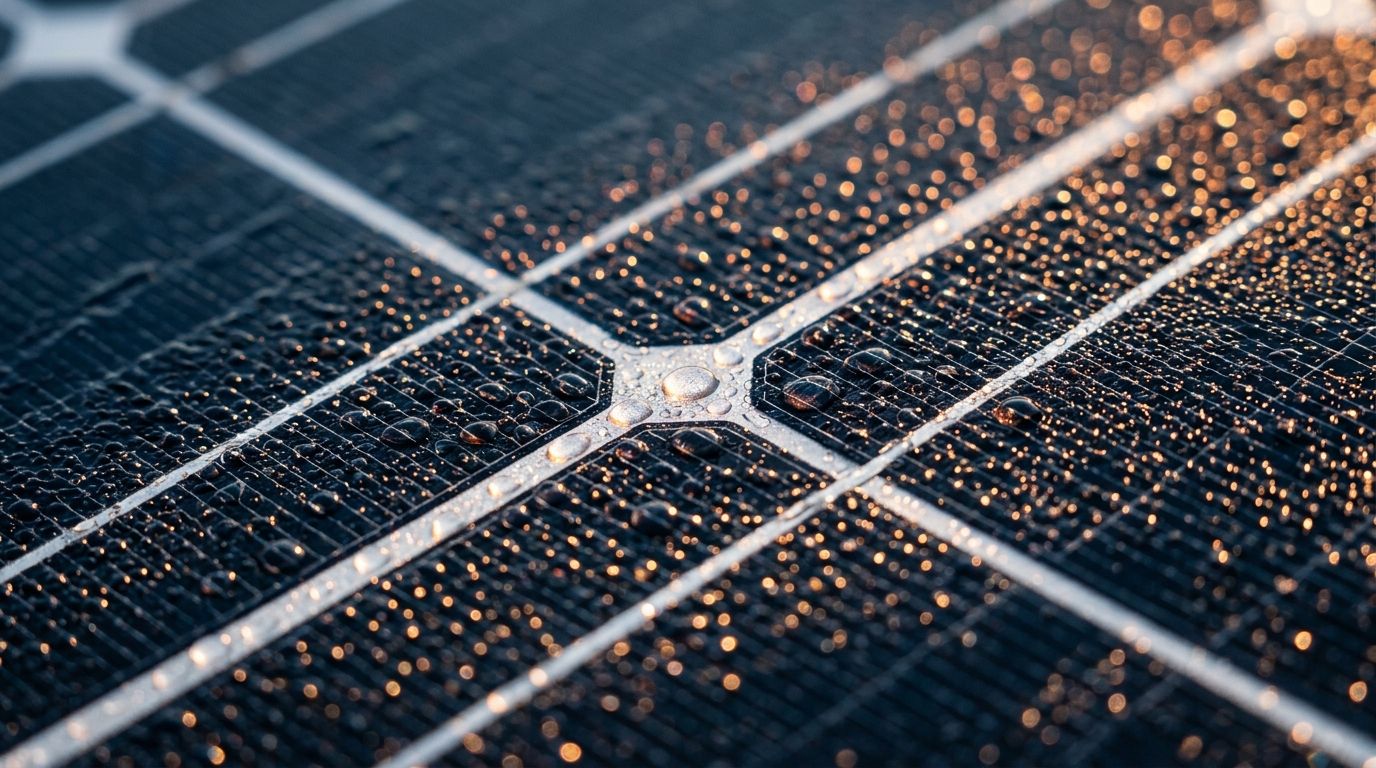 AI Generated Image of an extreme macro close-up of a photovoltaic solar panel's silicon cell surface with silver busbar grid lines and dew droplets catching warm afternoon light, symbolizing the technical complexity of integrating variable solar output into Gulf power grids