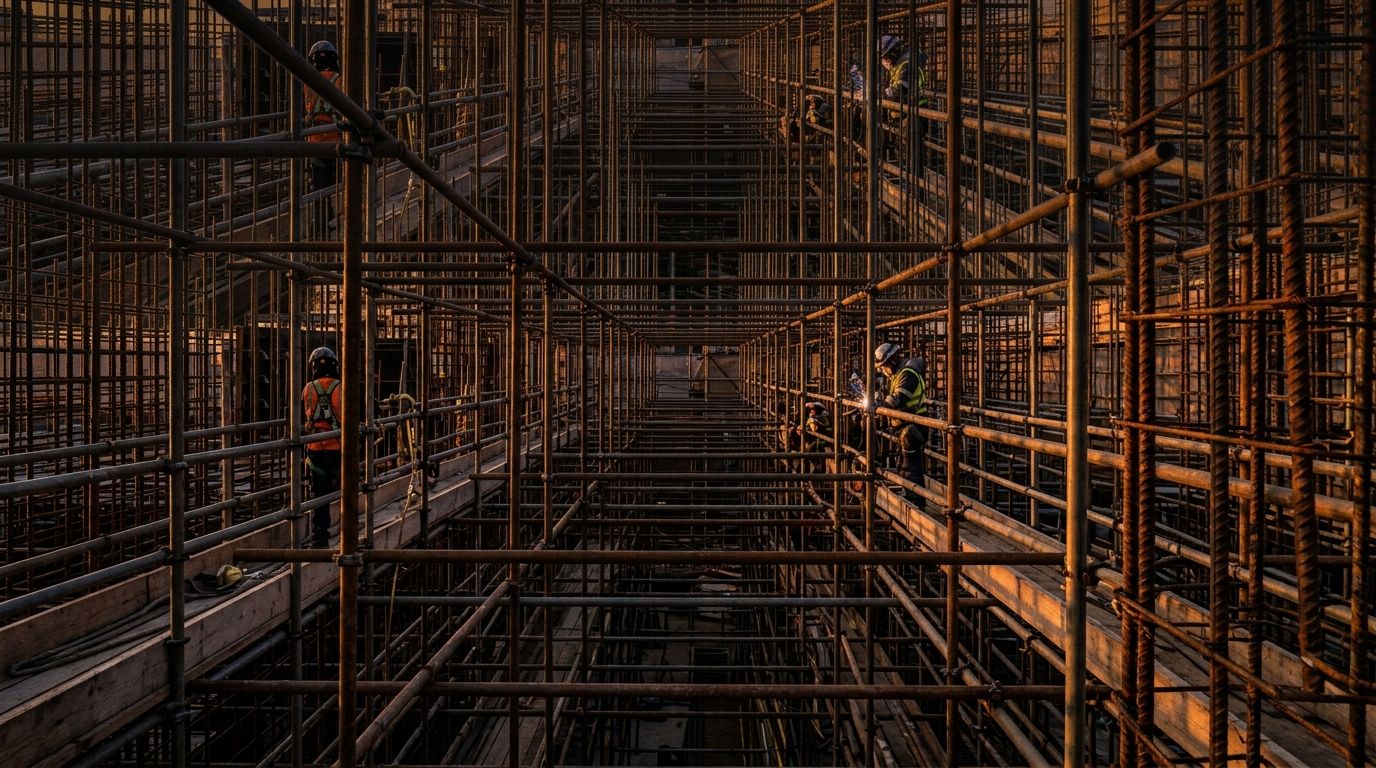 AI Generated Image of a close-up of steel rebar framework and scaffolding at a hospital construction site, geometric grid patterns lit by dramatic dusk sunlight against a deep indigo sky, symbolizing the scale of investment in Saudi Arabia's healthcare infrastructure