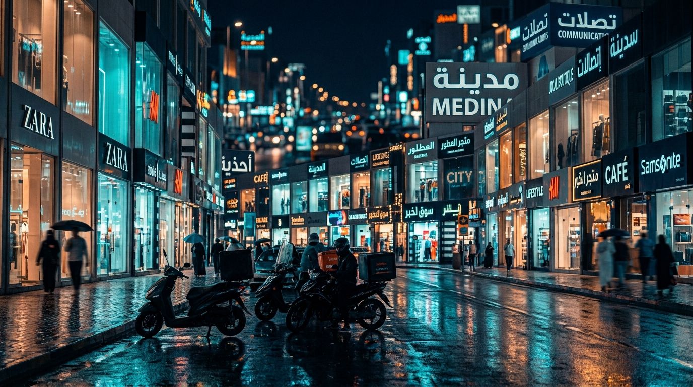 AI Generated Image of a telephoto-compressed view of a Khobar retail street at night, silhouetted delivery scooters in the foreground and teal-cyan neon shopfront lights reflected on rain-wet pavement