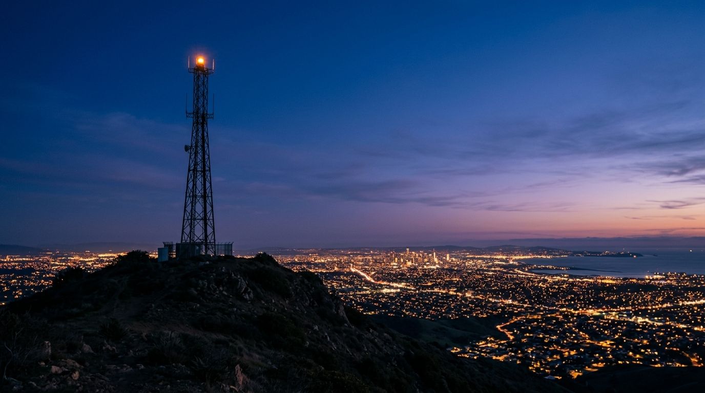 AI Generated Image of a telecommunications relay tower silhouetted against a deep blue hour sky with a glowing amber beacon, overlooking a distant sea of amber city lights across the Saudi urban landscape, symbolizing the invisible digital infrastructure connecting millions of citizens to nationwide health technology.