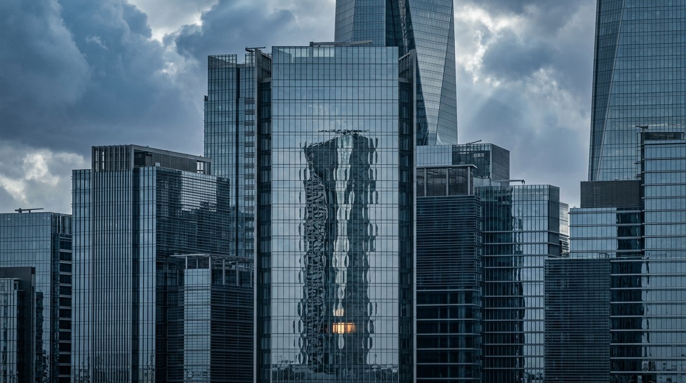 AI Generated Image of a telephoto-compressed row of glass and steel gallery and auction house towers in Riyadh's financial district, their mirrored facades reflecting a warped double image of each other under a storm-clearing sky with shafts of silver light