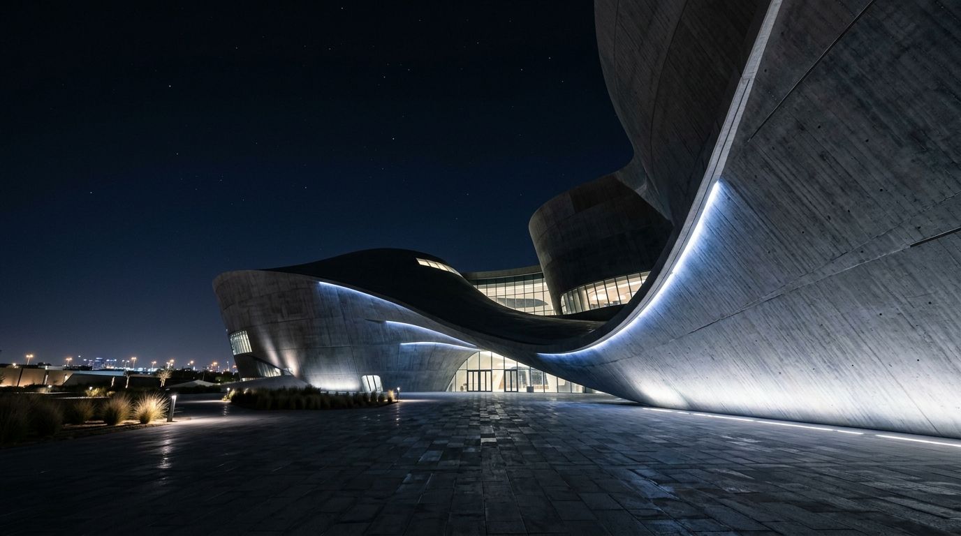 AI Generated Image of a dune-inspired curved concrete university building in Qatar's Education City illuminated by cool blue-white LED light at night, its sculpted walls silhouetted against a deep indigo sky scattered with faint stars