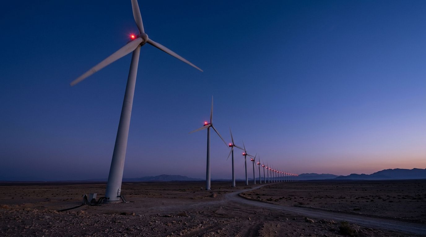 AI Generated Image of a row of towering wind turbines across a vast empty desert plain in Oman, seen from a low angle at blue hour, red aviation warning lights blinking atop each tower against a deep indigo sky fading to violet at the horizon